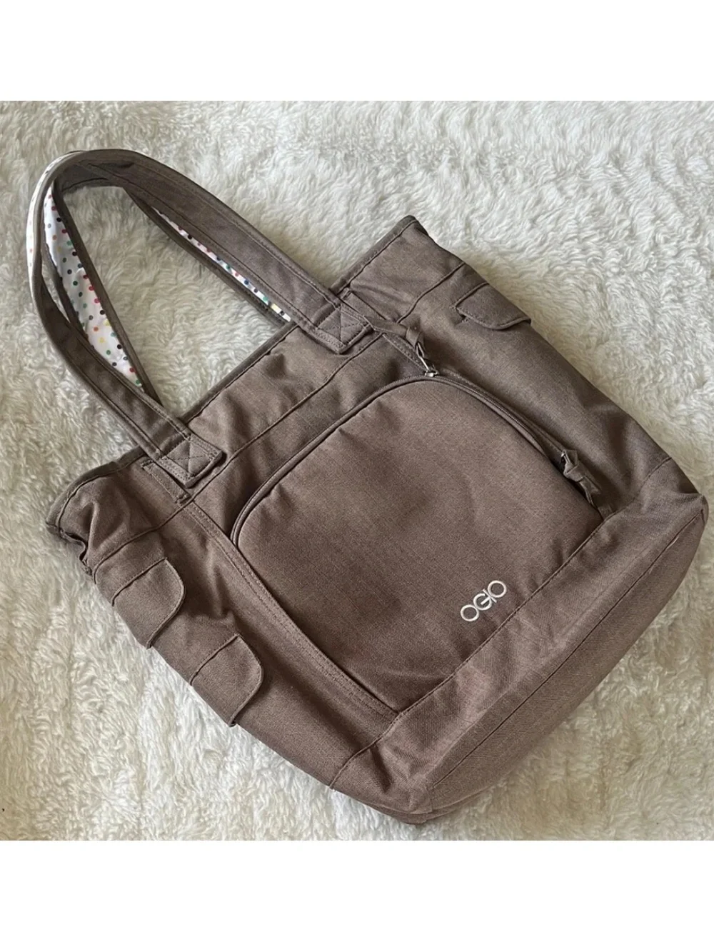 OGIO Taupe woven fabric Laptop Tote Bag with button detail